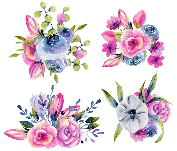 Elszigetelt Akvarell Gyűjtemény Virágcsokrok Rózsák Peonies Kézzel Festett Illusztráció Fehér — Stock Fotó