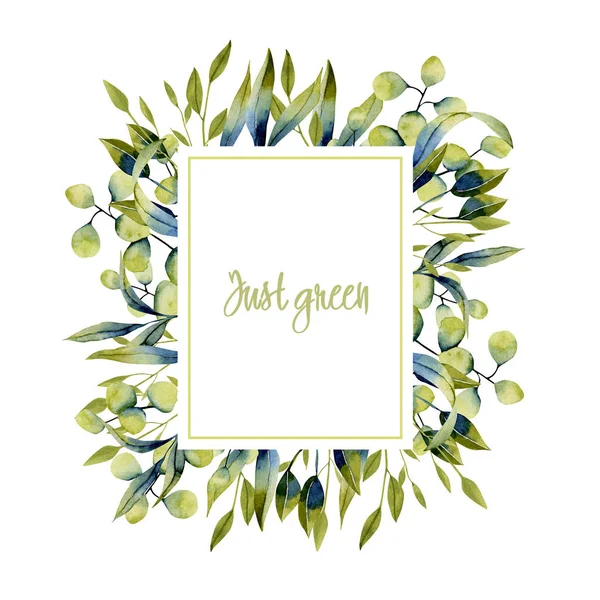 水彩色の緑のハーブとユーカリの枝を持つフレーム 白い背景に描かれた手 結婚式に最適なデザイン — ストック写真