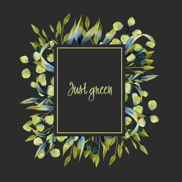 框架与水彩绿色草本和紫杉枝 手绘在黑暗的背景 设计完美的婚礼 — 图库照片