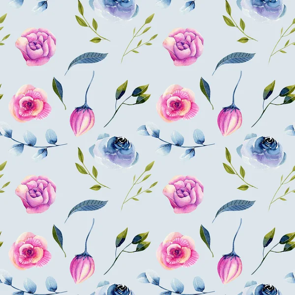 Watercolor Blue Roses Pink Peonies Seamless Pattern Hand Drawn Blue — Stock Photo, Image