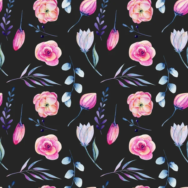 Watercolor Pink Peonies Blue Branches Seamless Pattern Hand Drawn Dark — Stock Photo, Image