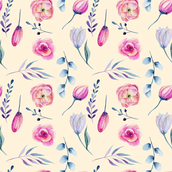 Watercolor Pink Peonies Blue Branches Seamless Pattern Hand Drawn Creamy — Stock Photo, Image