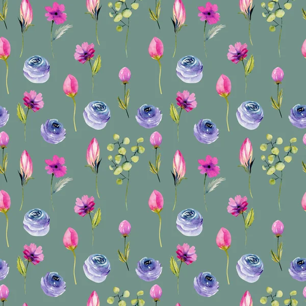 Watercolor Blue Roses Pink Wildflowers Seamless Pattern Hand Drawn Blue — Stock Photo, Image