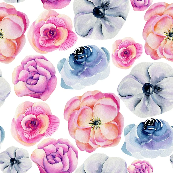 Aquarell Rosa Pfingstrosen Rosen Und Anemonen Nahtloses Muster Handgezeichnet Auf — Stockfoto