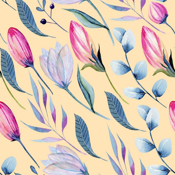 Акварельні Квіткові Бруньки Гілки Рожево Синіх Відтінках Безшовний Візерунок Рука — стокове фото