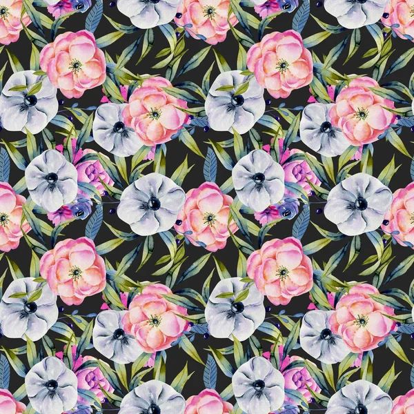Watercolor anemones and pink peonies seamless pattern, hand drawn on a dark background