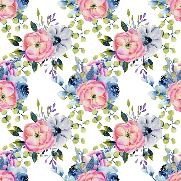 Watercolor Bouquets Blue Roses Pink Peonies Seamless Pattern Hand Drawn — Stock Photo, Image