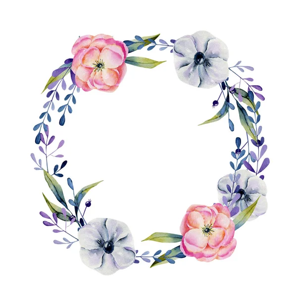 Wreath Watercolor Anemones Green Blue Plants Hand Painted White Background — 스톡 사진