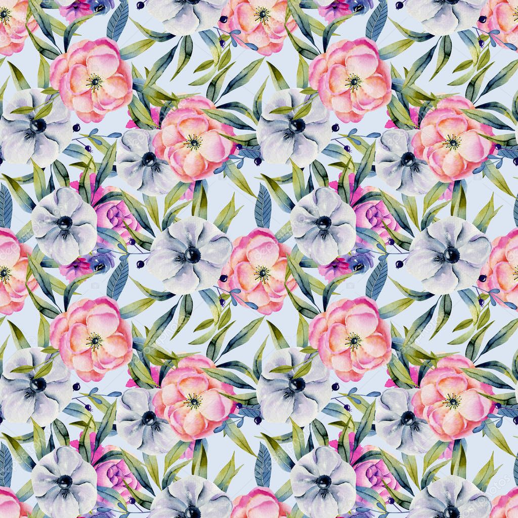 Watercolor anemones and pink peonies seamless pattern, hand drawn on a blue background