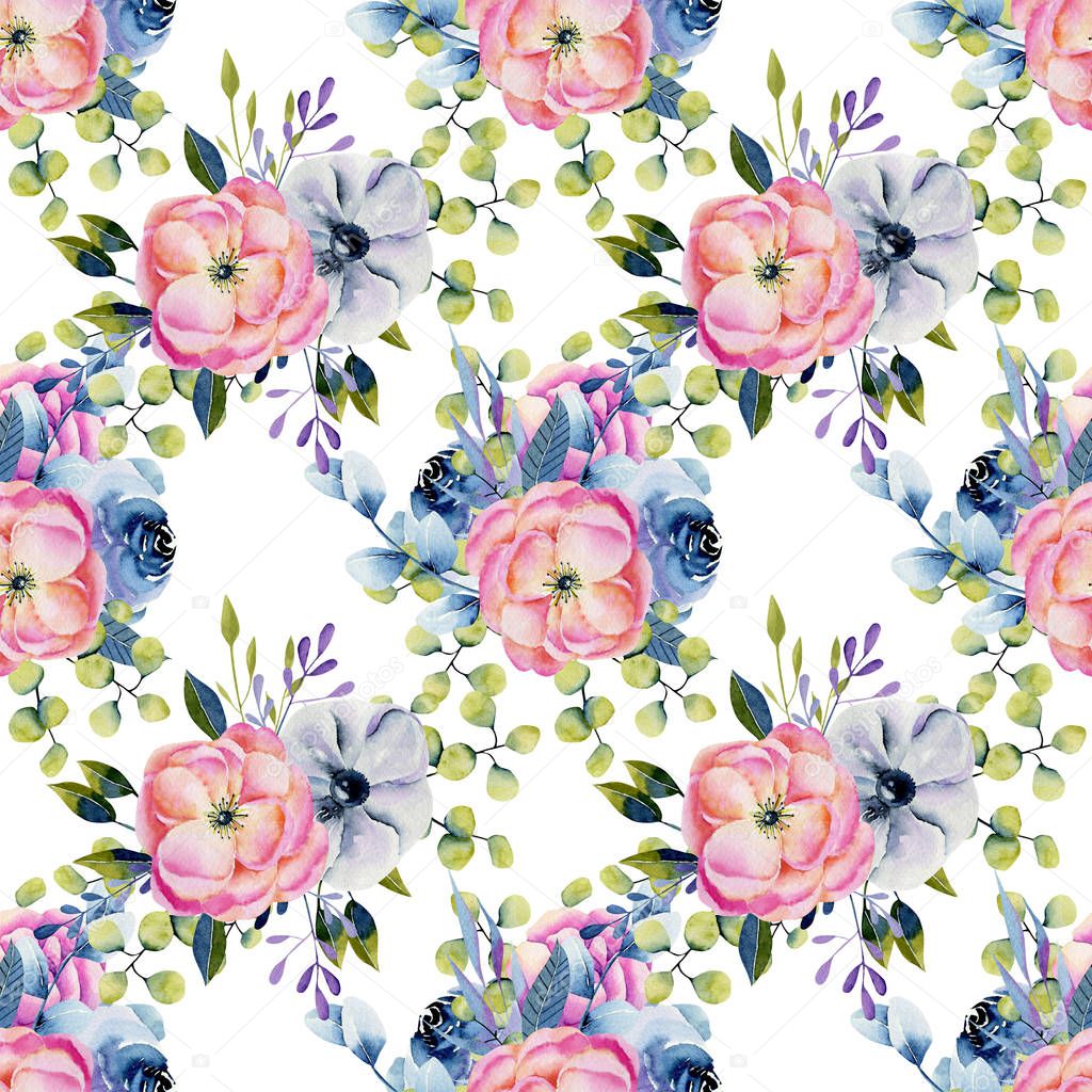 Watercolor bouquets of blue roses and pink peonies seamless pattern, hand drawn on a white background