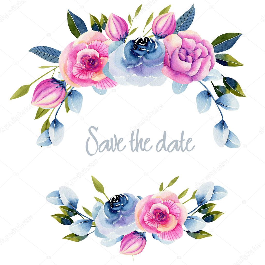 Wreath of watercolor roses and peonies, green and blue plants, hand painted on a white background, Save the date card design