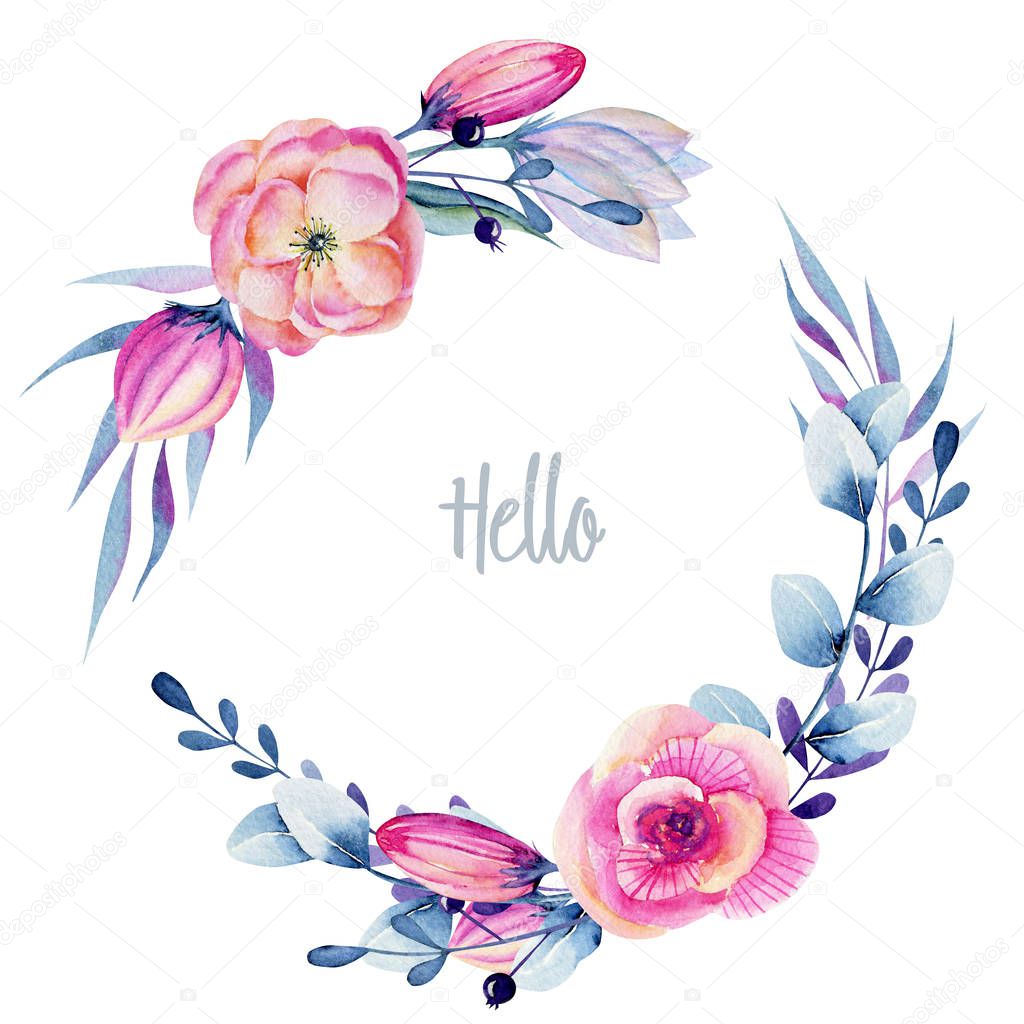 Wreath of watercolor peonies and blue plants, hand painted on a white background, greeting card design