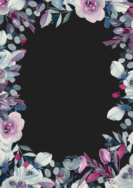 Çivit ve kırmızı gül ve bitkiler ile Kart şablonu, el karanlık bir arka plan üzerine çizilmiş