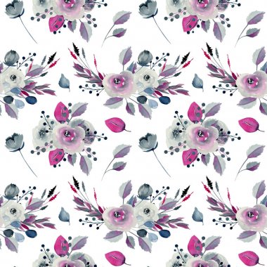 Watercolor bouquets of indigo and crimson flowers seamless pattern, hand drawn on a white background clipart