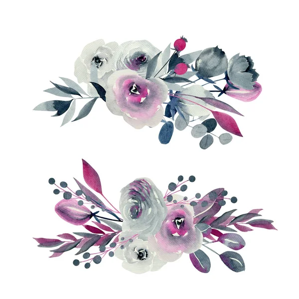 Aquarell Blumensträuße Illustrationen Indigo Und Purpurrosen Andere Blumen Und Pflanzen — Stockfoto