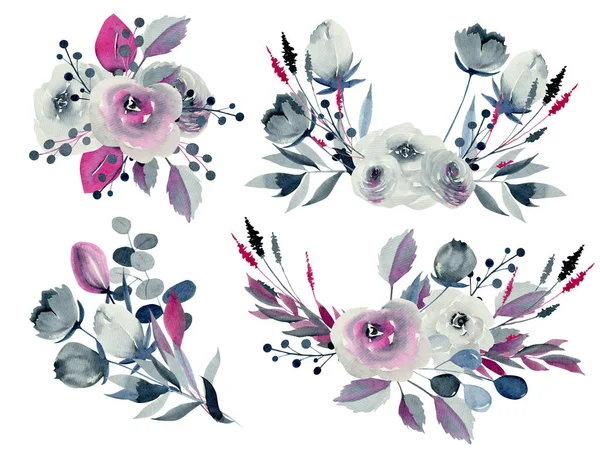 Květinové Kytice Ilustrace Indigo Purpurové Růže Jiné Květiny Rostliny Ručně — Stock fotografie