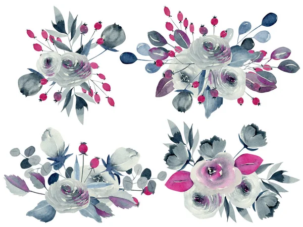 Aquarel Bloemen Boeketten Illustraties Indigo Crimson Rozen Andere Bloemen Planten — Stockfoto