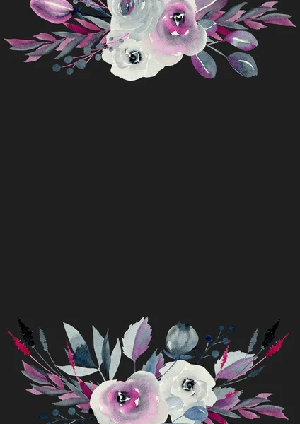 Карточный Шаблон Индиго Малиновыми Розами Растениями Нарисованный Вручную Темном Фоне — стоковое фото