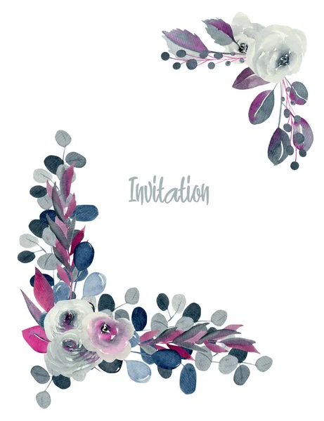 水彩インディゴと真紅のバラや植物の花コーナーの境界線 白い背景に描かれた手 招待カードデザイン — ストック写真