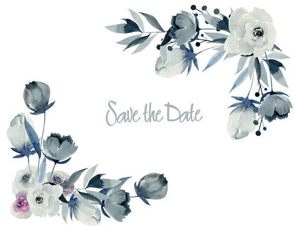 Floral corner borders of watercolor indigo roses and plants, hand drawn on a white background, Save the date card design