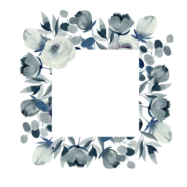 수채화 인디고 장미와 식물의 사각형 프레임 배경에 그려진 — 스톡 사진