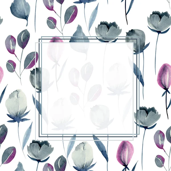 白い背景に描かれた手 藍と真紅の花や植物の花の背景にフレームの場所  — 無料ストックフォト