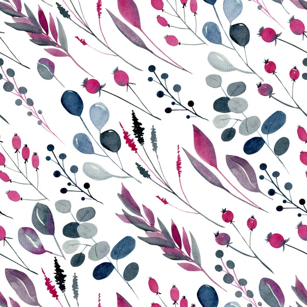 Watercolor indigo and crimson abstract plants seamless pattern, hand drawn on a white background
