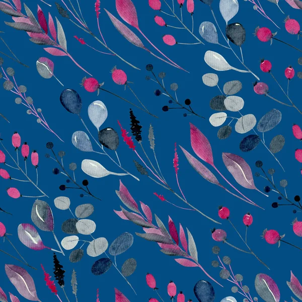 Watercolor indigo and crimson abstract plants seamless pattern, hand drawn on a blue background
