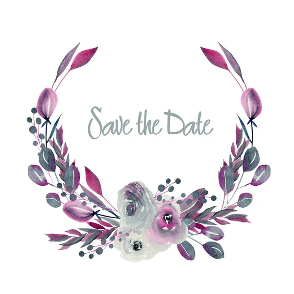 Wreath of watercolor indigo and crimson roses and other flowers and plants, hand drawn on a white background, Save the date card design