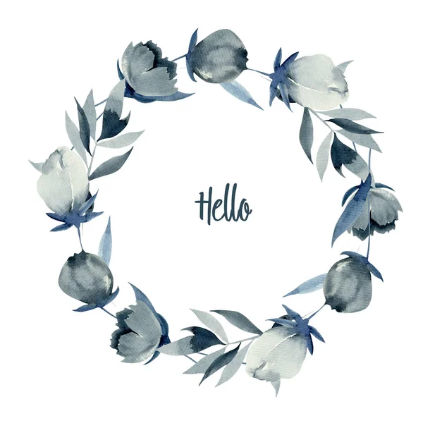 Wreath Watercolor Indigo Flowers Hand Drawn White Background Greeting Card — Stock Photo, Image