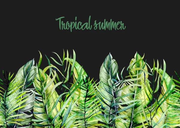 Akvarel Tropická Zelená Opouští Hranici Ruku Nakreslenu Tmavém Pozadí — Stock fotografie