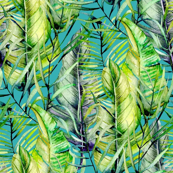 Exotic seamless pattern of watercolor tropical green leaves, hand drawn on a turquoise background