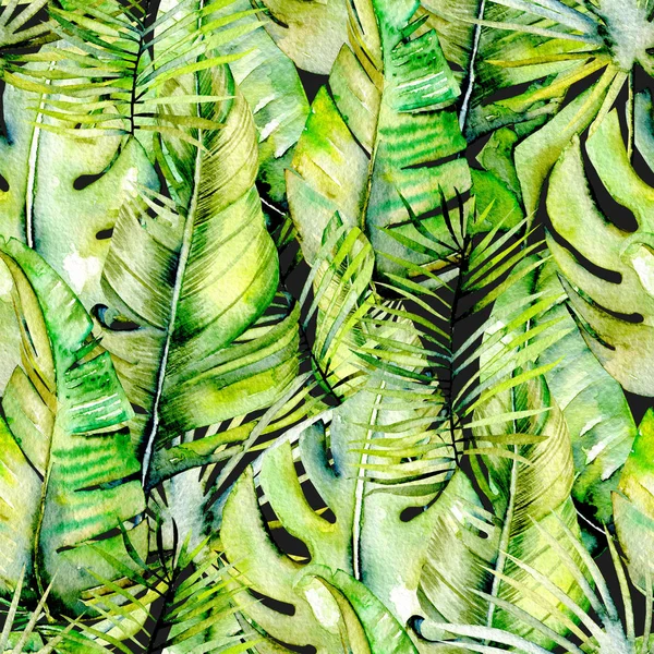 Aquarell Tropisch Grüne Blätter Nahtloses Muster Von Hand Auf Dunklem — Stockfoto