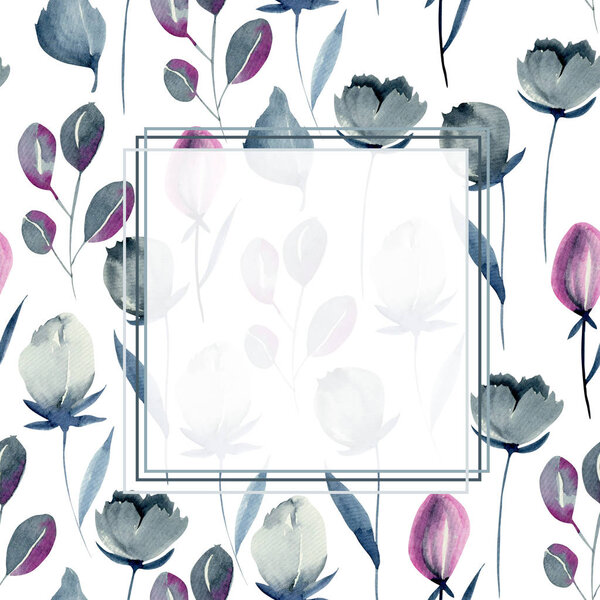Frame place on floral background of indigo and crimson flowers and plants, hand drawn on a white background — Stock Image Frame Place Floral Background Indigo Crimson Flowers Plants Hand Drawn Stock Photo