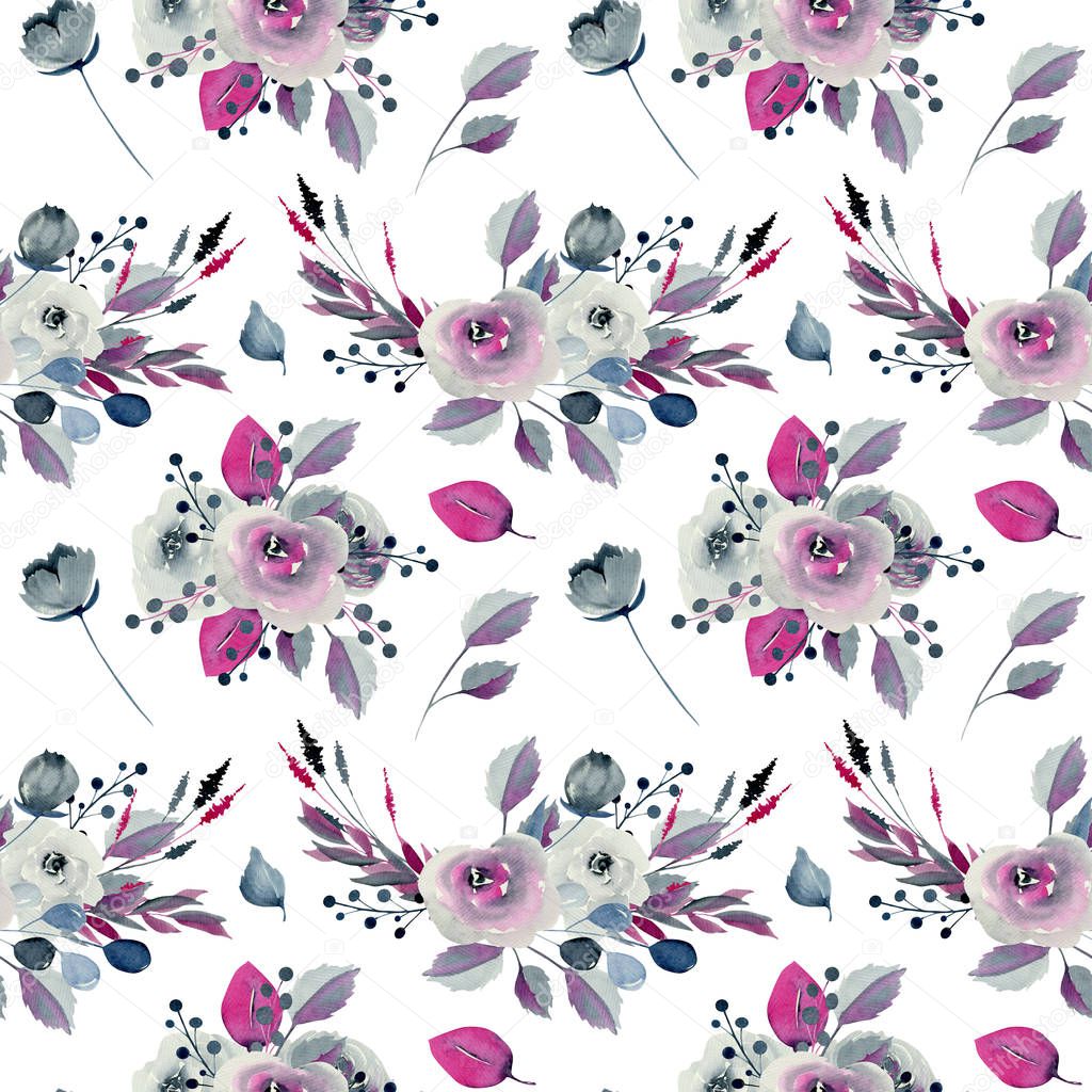 Watercolor bouquets of indigo and crimson flowers seamless pattern, hand drawn on a white background