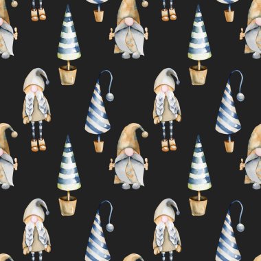 Suluboya Noel ağacı ve İskandinav elfler dikişsiz desen, el koyu bir arka plan üzerinde çizilmiş