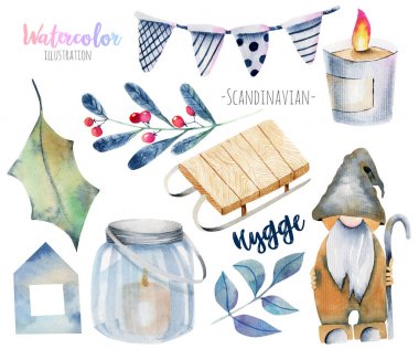 İskandinav Noel öğeleri suluboya koleksiyonu, el beyaz bir arka plan üzerinde izole çizilmiş