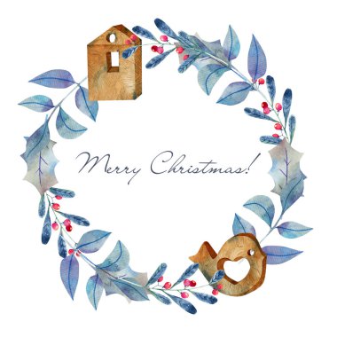 Mavi yılbaşı frenleri ve ahşap oyuncaklardan oluşan suluboya bir çelenk, beyaz arka planda el çizimi, Noel kartı tasarımı.