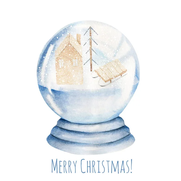 Akvarel Sněžná Skleněná Koule Návrh Vánočního Přání — Stock fotografie