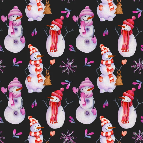 水彩圣诞雪人无缝图案 手绘在黑暗的背景上 — 图库照片