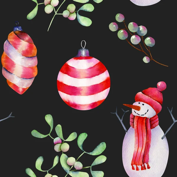 Seamless Pattern Watercolor Christmas Decorations Snowman Mistletoe Hand Drawn Dark — Stock Photo, Image