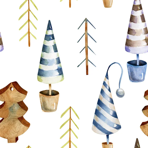 Acuarela Escandinava Patrón Sin Costuras Árbol Navidad Dibujado Mano Sobre — Foto de Stock
