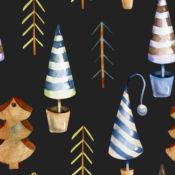 Acuarela Escandinava Árbol Navidad Patrón Sin Costuras Dibujado Mano Sobre —  Fotos de Stock