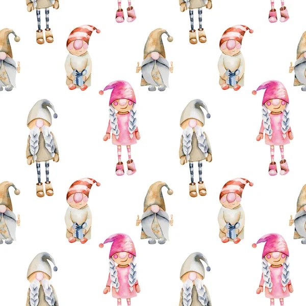 Seamless pattern of watercolor scandinavian trolls, Christmas gnomes, hand drawn on a white background