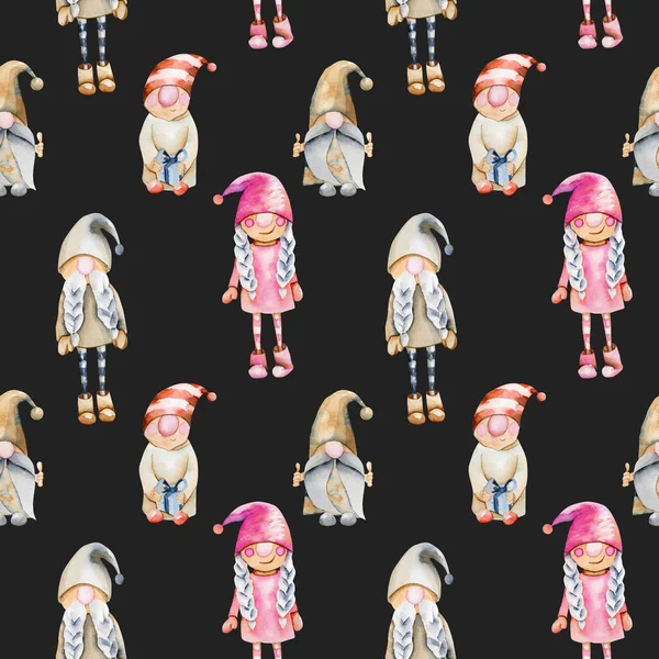 Seamless pattern of watercolor scandinavian trolls, Christmas gnomes, hand drawn on a dark background