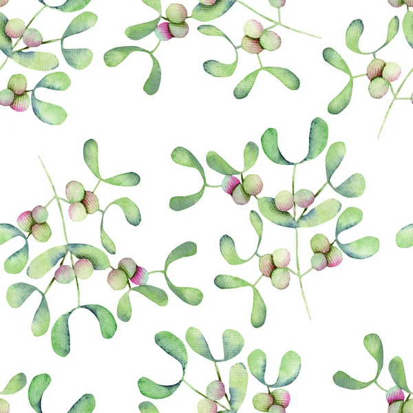 Christmas watercolor mistletoe seamless pattern, hand drawn on a white background