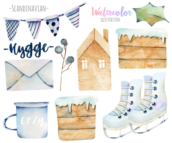 Watercolor Collection Scandinavian Christmas Items Hand Drawn Isolated White Background — Stock Photo, Image