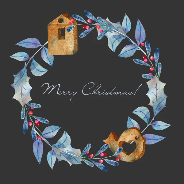 Στεφάνι Χειμερινής Ακουαρέλας Από Μπλε Χριστουγεννιάτικα Braches Και Ξύλινα Παιχνίδια — Φωτογραφία Αρχείου