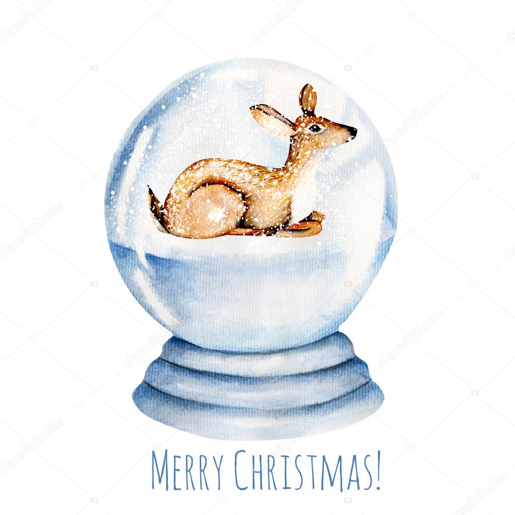 Cute watercolor deer inside a snowy glass ball, Christmas card design