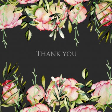 Suluboya gül, yeşil yaprak ve dalları, el koyu bir arka plan üzerine çizilmiş kart şablonu, Kart tasarımı teşekkür ederiz